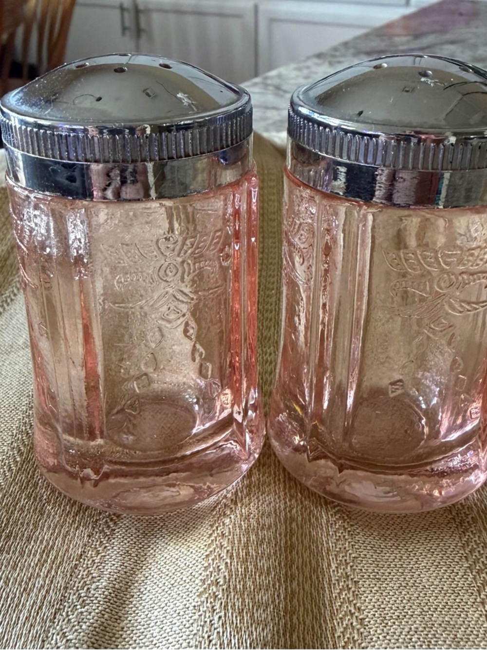 Vintage Depression Glass - Pink Glass Salt & Pepper Shakers with Silver Tops
